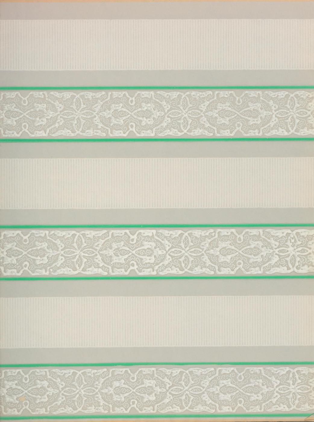 Close-up of a beige fabric with horizontal stripes of ribbing and floral patterns, bordered by light green lines.