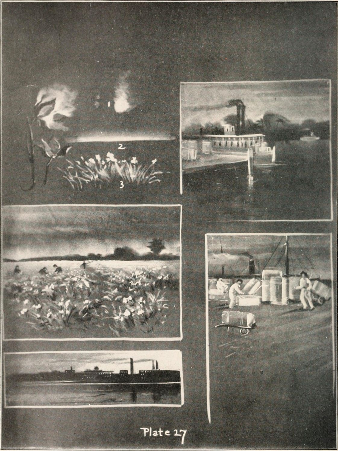 A vintage black and white plate featuring five separate paintings or illustrations arranged in a grid-like pattern. Each painting depicts a landscape scene, likely from the early 20th century.