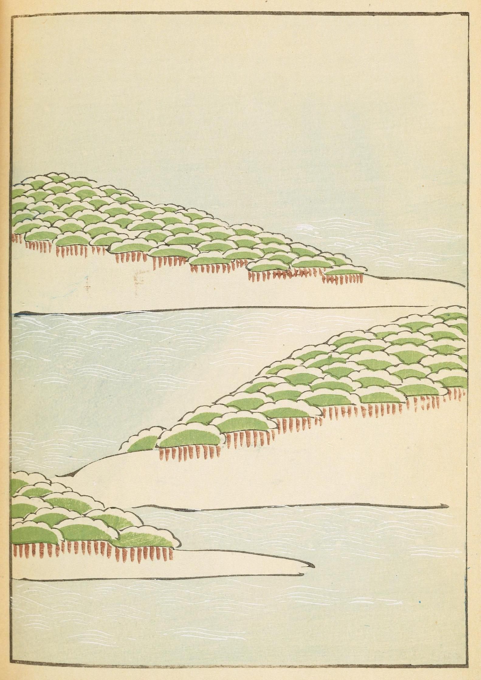 Vintage illustration of a serene landscape with a body of water and lush green vegetation.