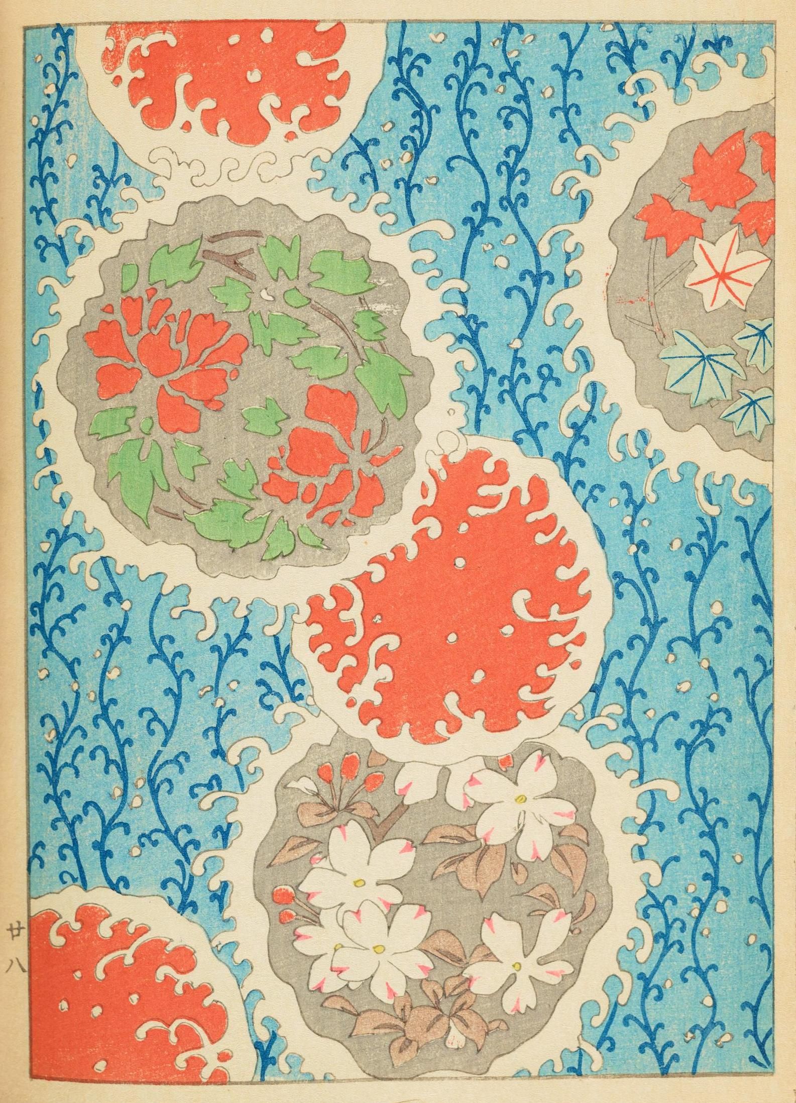 Vintage floral pattern illustration with red, white, and blue motifs on a light blue background.