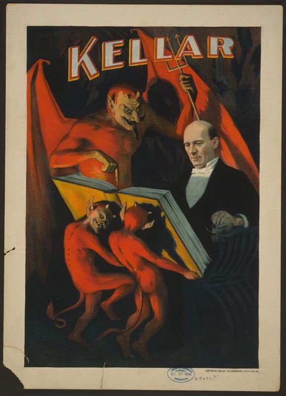 Vintage poster for magician Kellar featuring a man in a suit and two red devils.