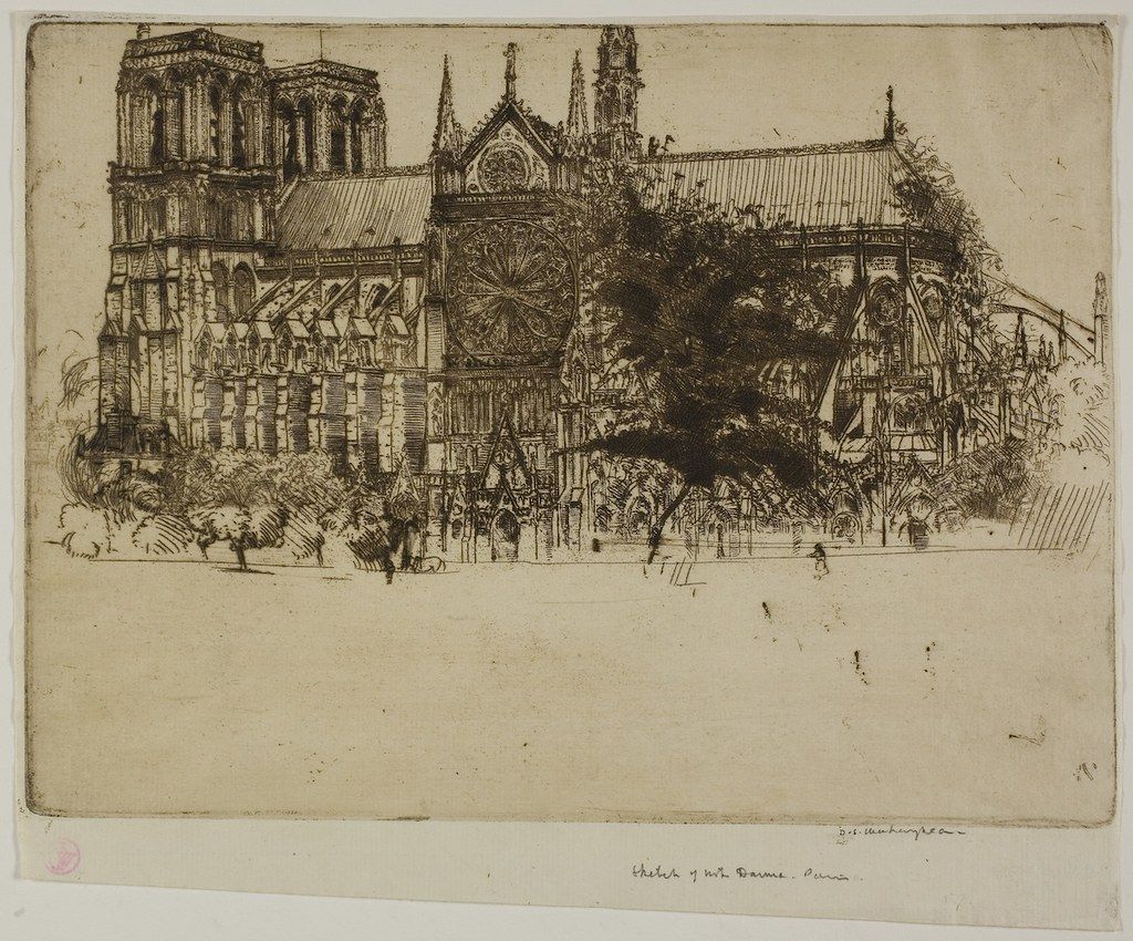 A vintage pen and ink etching of the Notre Dame Cathedral in Paris. The cathedral dominates the image, rendered in intricate detail with a focus on its Gothic architecture. The artist has used a variety of line weights and textures to create a sense of depth and shadow. The cathedral's facade is visible, with its iconic rose window and towers. The artist has also included a few trees and figures in the foreground, which add to the sense of scale and atmosphere. The overall impression is one of grandeur and timelessness.