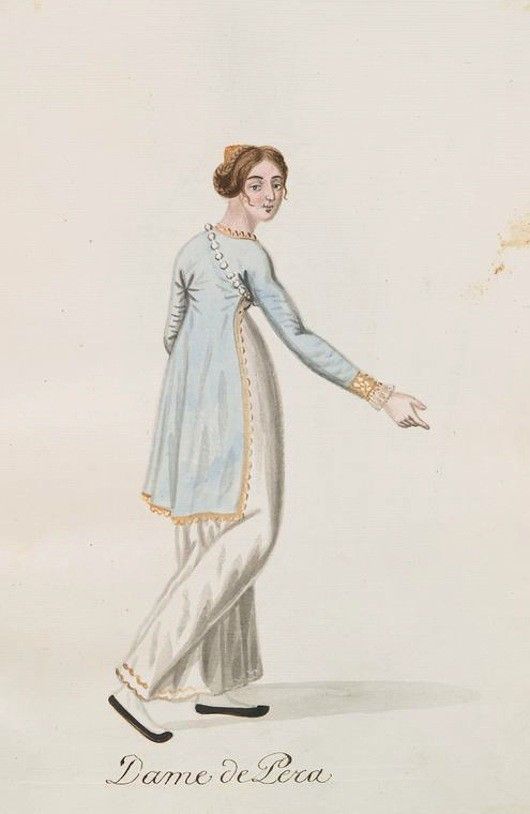 Watercolor painting of a woman in traditional Ottoman clothing, labeled 'Dame de Pera'.