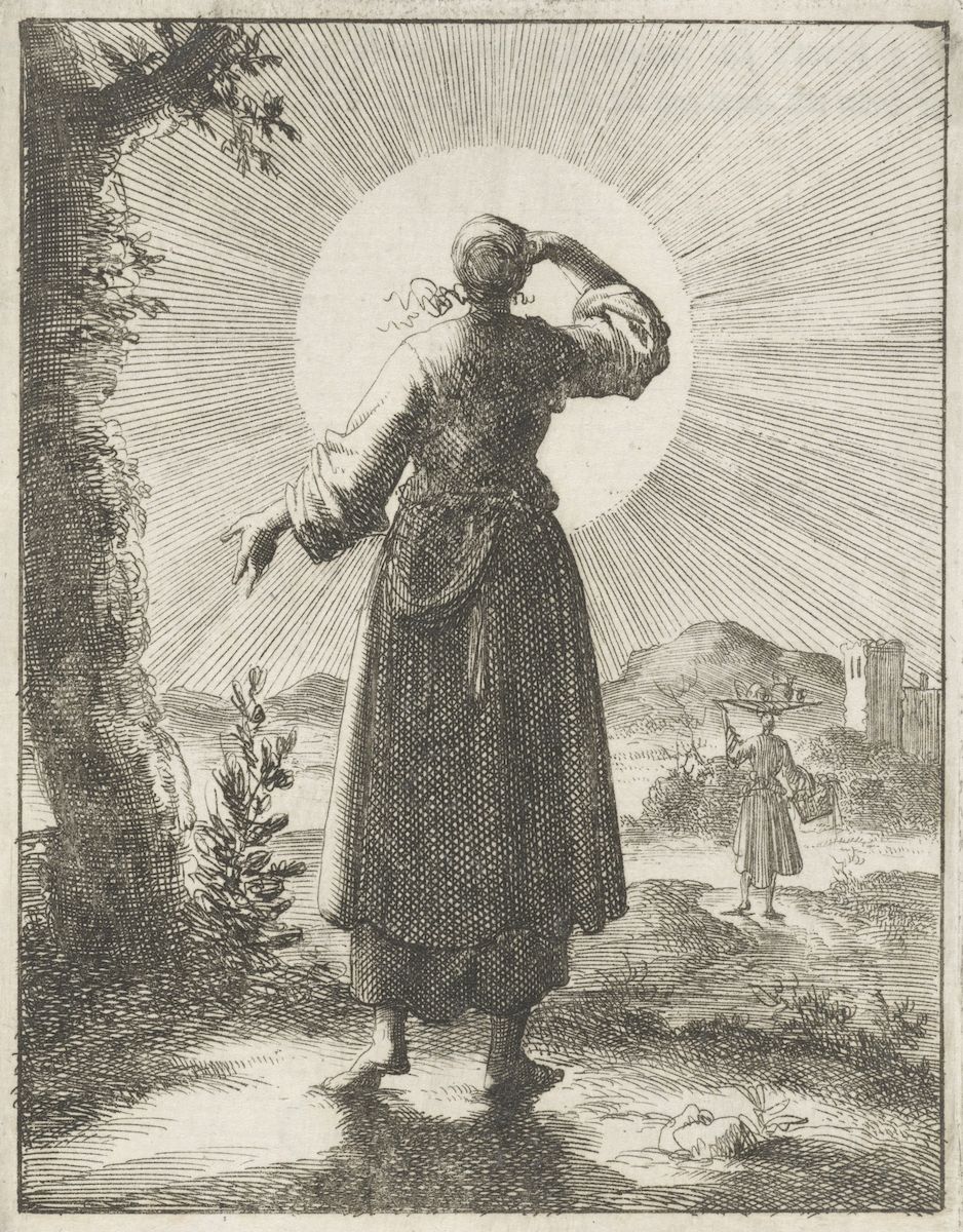 A black and white engraving depicting a woman reaching up towards a bright sun, with a landscape and a distant figure in the background.
