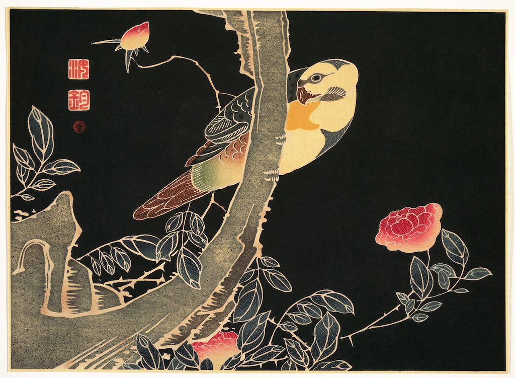 Japanese woodblock print of a bird on a branch with flowers and leaves against a black background.
