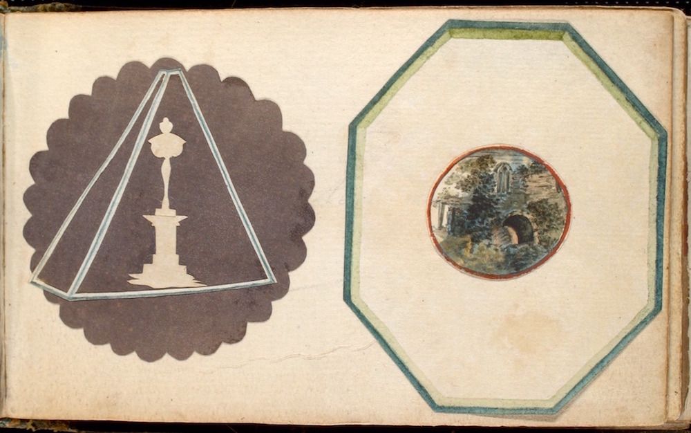 A page from a book or sketchbook with two drawings: a triangular shape with a lamp on a column and an octagon with a landscape.