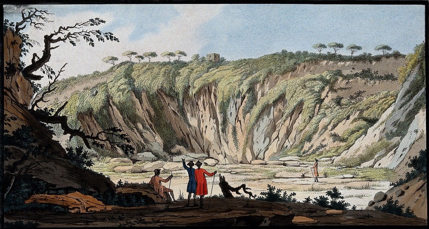 A landscape painting of a large crater with a cliff face covered in vegetation, people in the crater, and a pale blue sky.