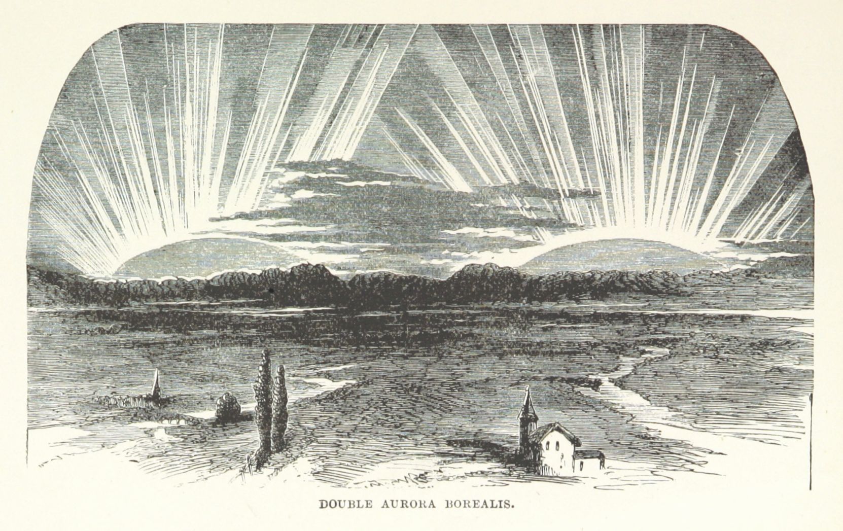 A vintage woodcut illustration of a double aurora borealis over a landscape with hills, a river, and small buildings.