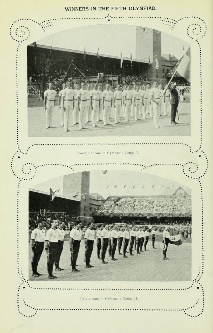 Two black and white photographs of the Swedish and Italian gymnastics teams from the Fifth Olympiad, standing in uniform in a stadium.