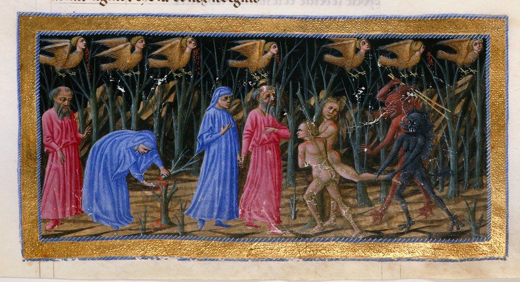Medieval manuscript illumination depicting a scene of torment in a dark, wooded area.