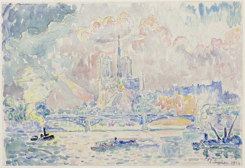 Watercolor painting of a cityscape with a cathedral, signed 'P. Signac 1910'.