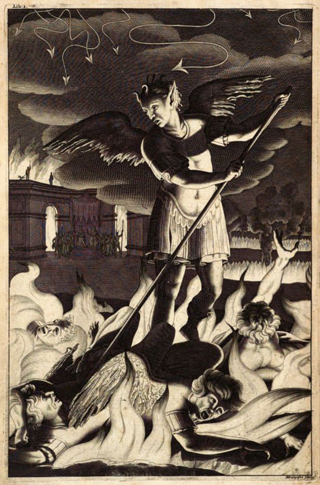 A dramatic black and white illustration of an angel triumphing over a mass of demons, with a burning building and crowd in the background.