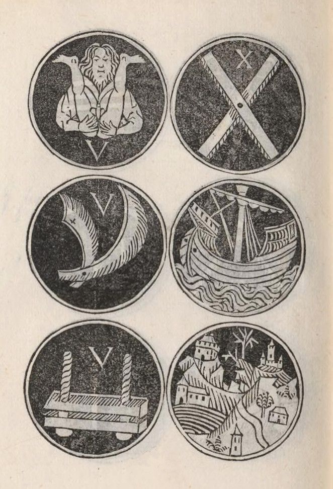 Six circular designs arranged in a 2x3 grid, each containing a different symbolic image.
