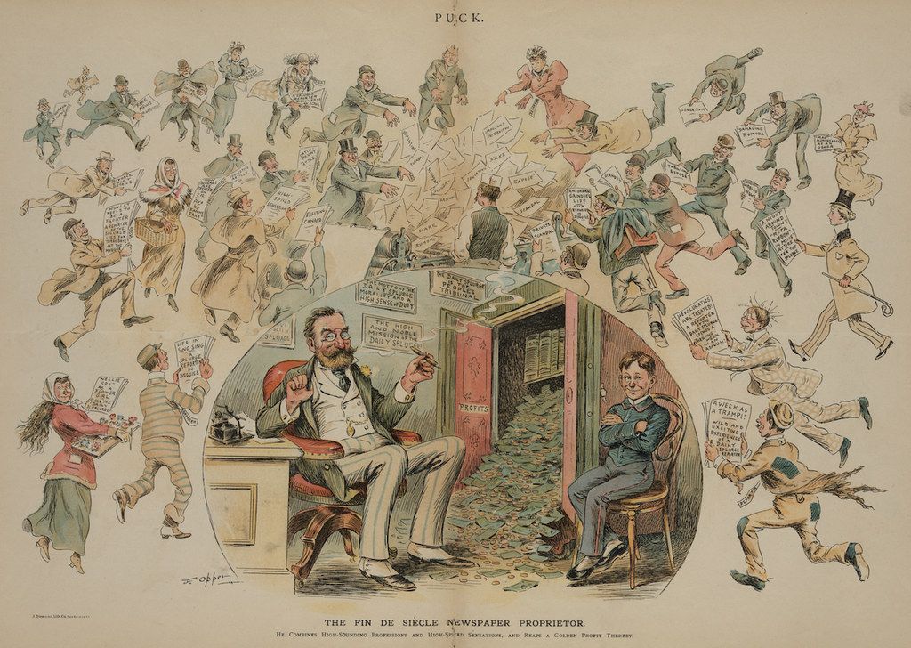 A detailed political cartoon titled "The Fin de Siècle Newspaper Proprietor." It depicts two men seated at a table, surrounded by a chaotic scene of people rushing towards an arched doorway. The cartoon is a commentary on the power of the press and its influence on society at the turn of the century.