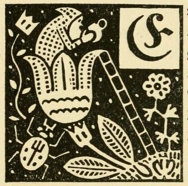A black and white illustration with a stylized flower, a letter 'S', a fork, and leaves.