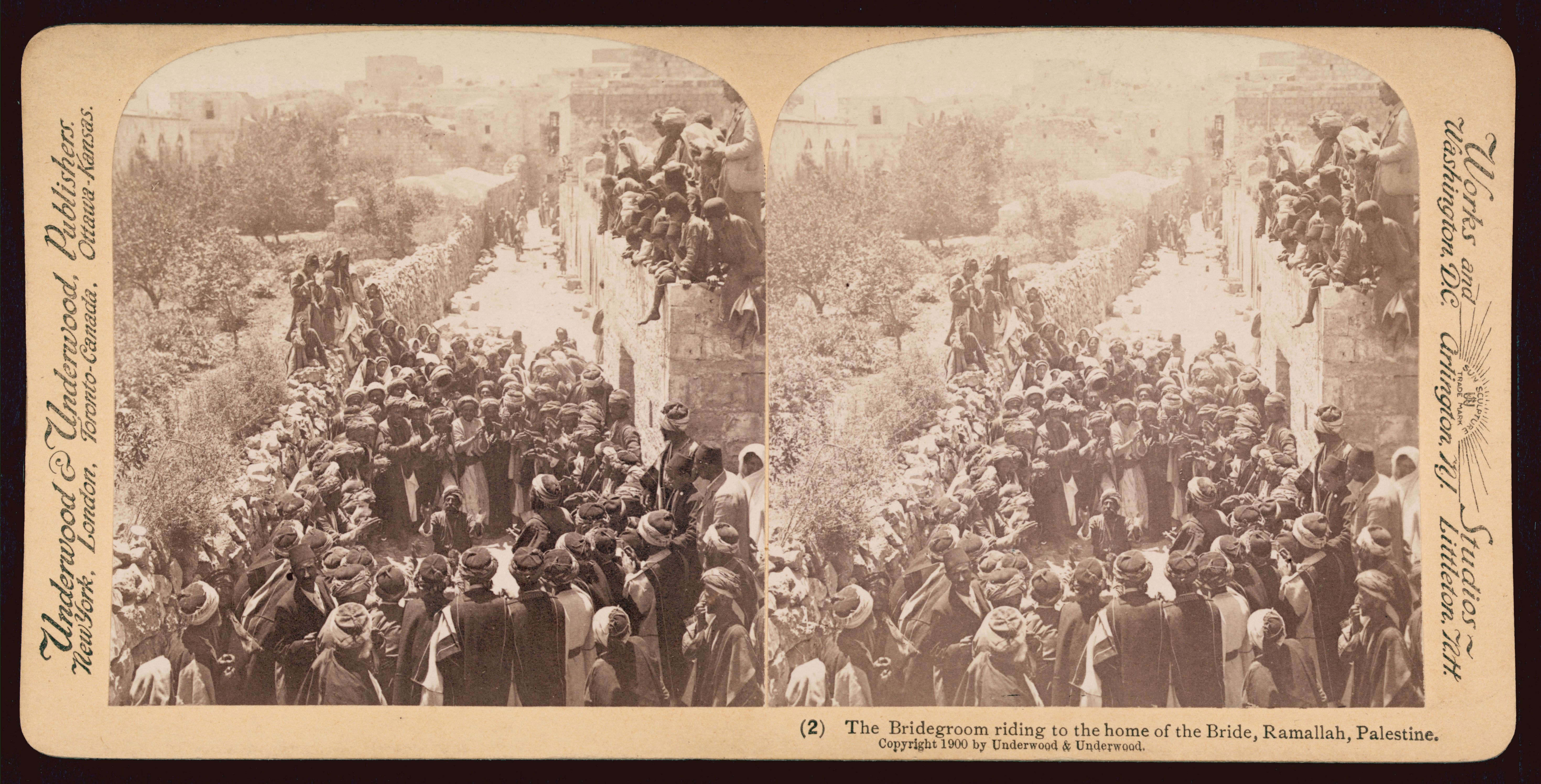 Stereoscopic photograph of a wedding procession in Ramallah, Palestine, 1900.