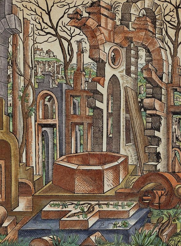 A detailed, colorful illustration of a fantastical architectural scene centered around a multi-tiered fountain.