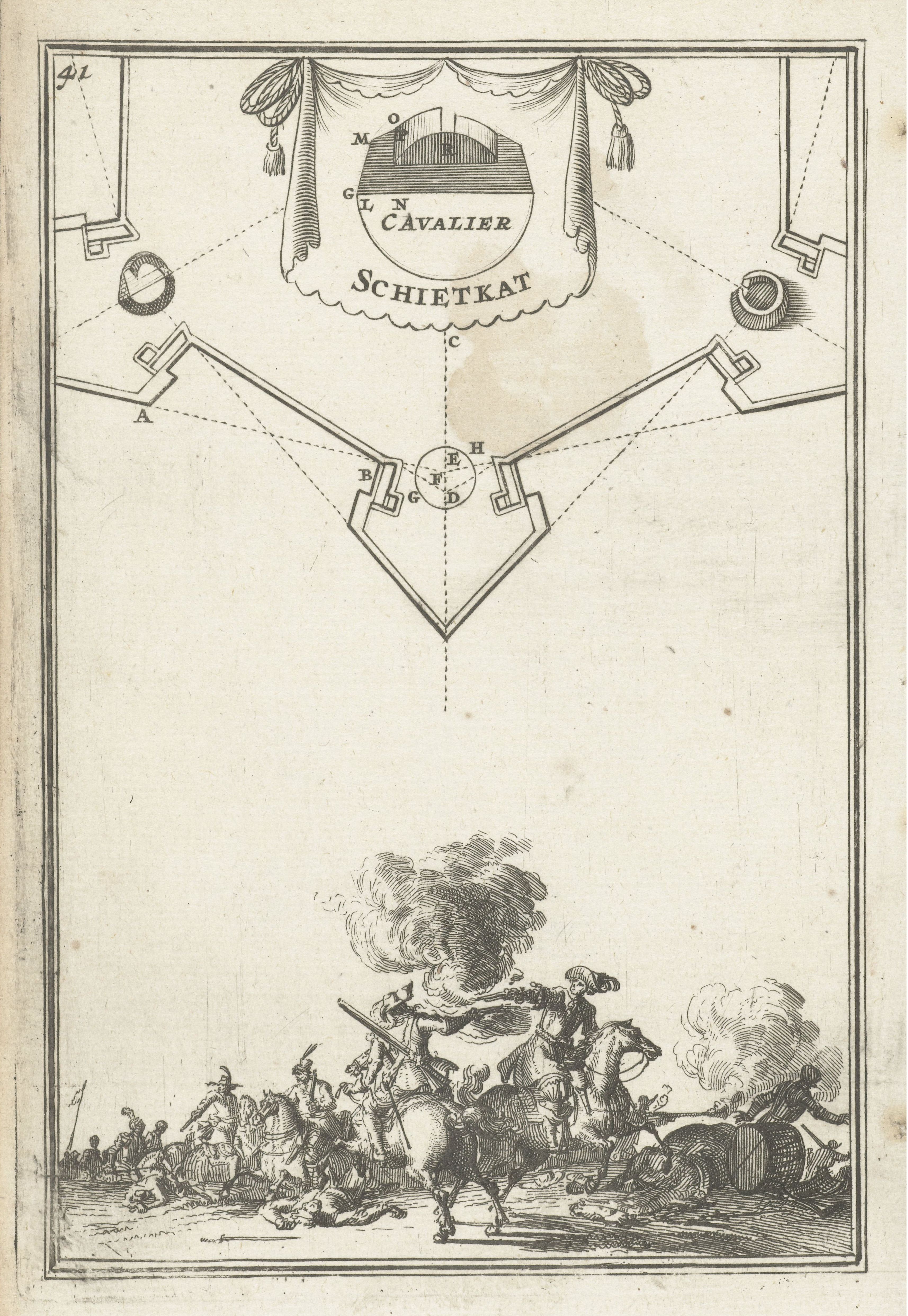 A black and white engraving depicting a battle scene overlaid with a complex diagram.