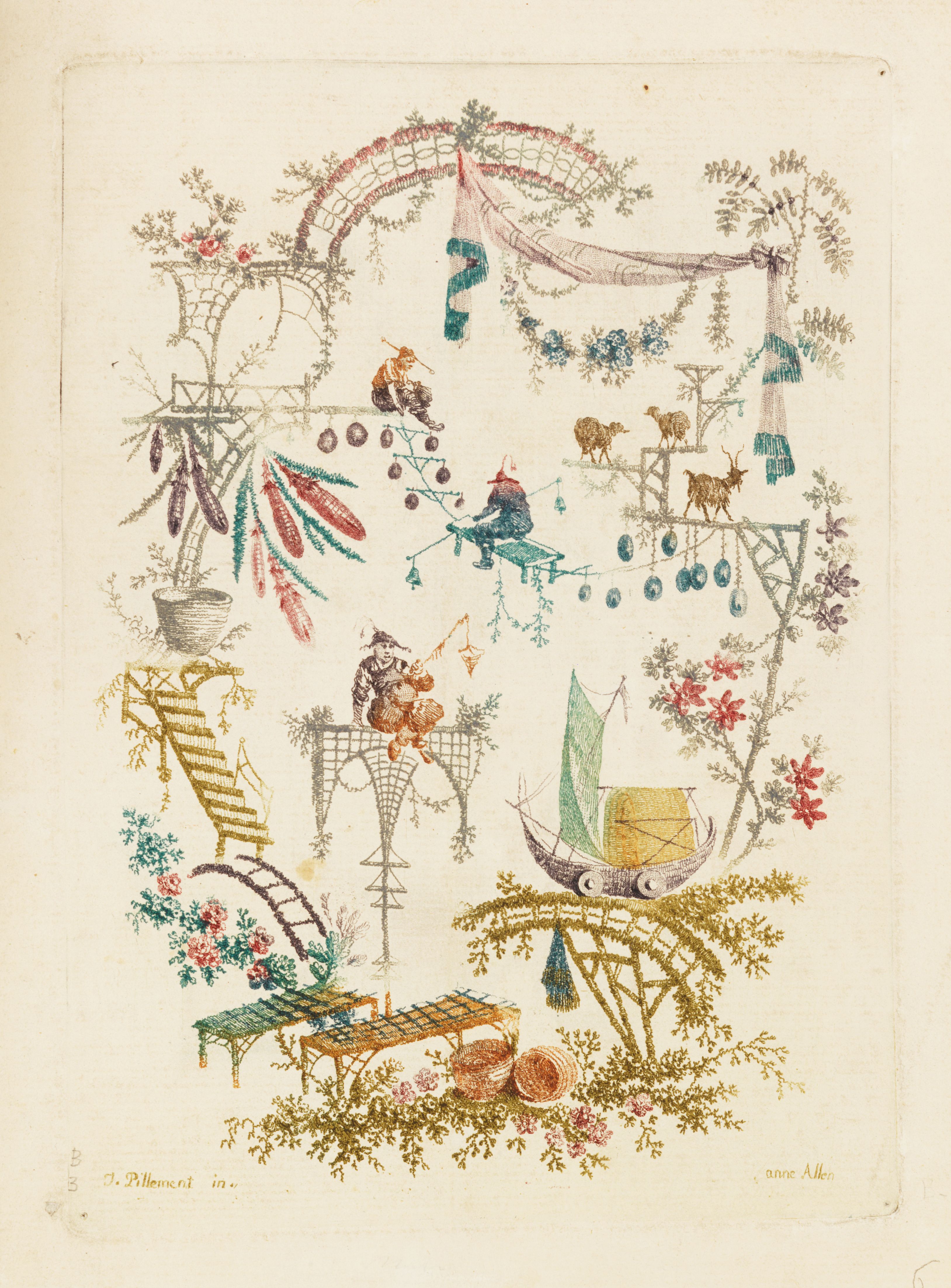 A detailed embroidery or illustration of a whimsical garden scene with birds, plants, a bench, and a decorative arch.