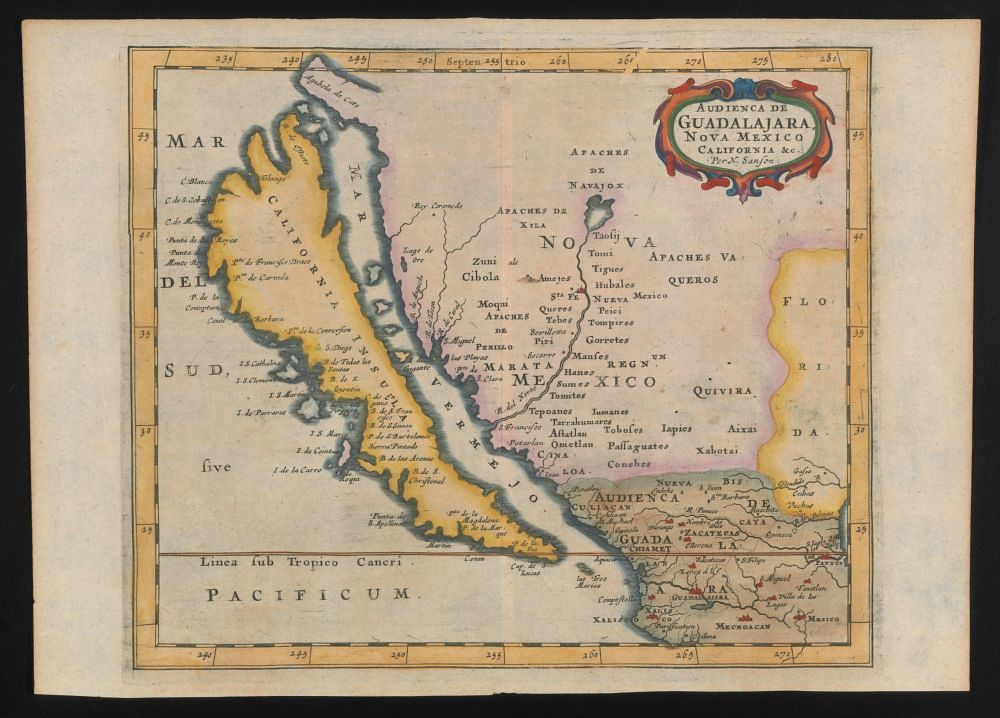 Vintage map of southwestern North America and northern Mexico, titled "Audiencia de Guadalajara Nova Mexico," with detailed coastline, geographical features, and Spanish place names.
