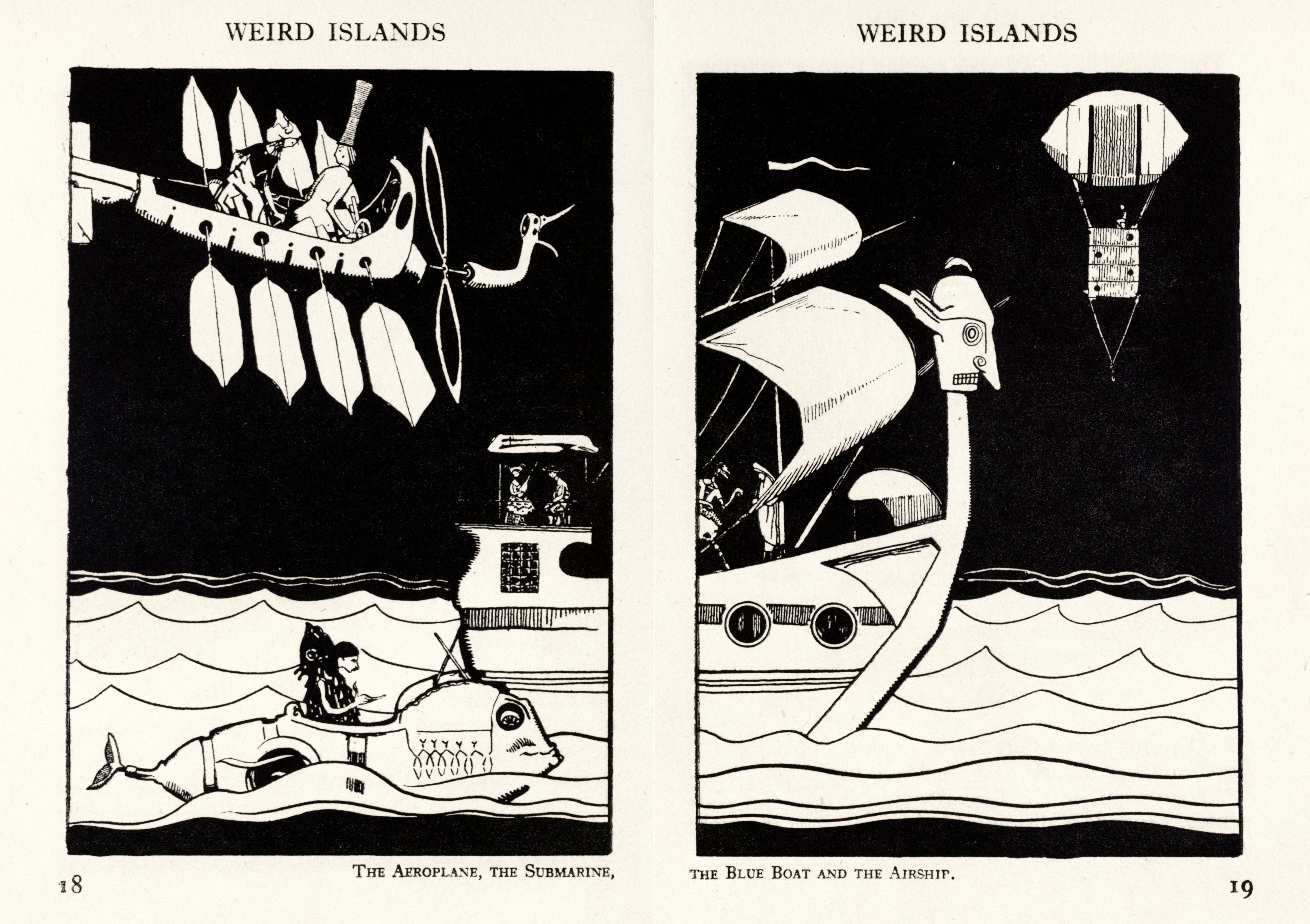 Two black and white illustrations depicting fantastical modes of transportation on a wavy sea. The left panel shows a combination of an airplane and a submarine, while the right panel shows a boat with an airship above it.