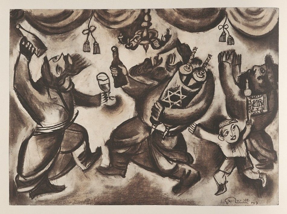 Black and white lithograph of a lively celebration with animalistic figures raising bottles and glasses, framed by curtains and a chandelier, signed and dated 1918.