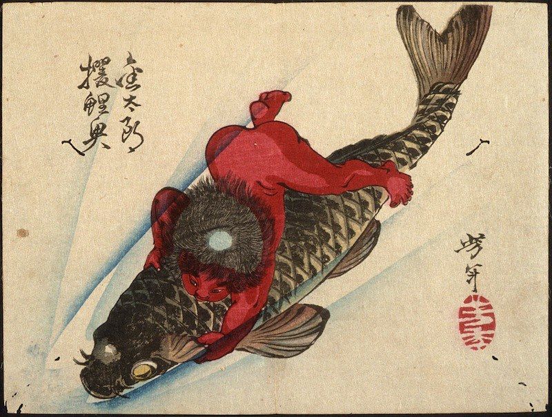 A vintage Japanese woodblock print depicting a red, humanoid creature riding a large, striped fish.