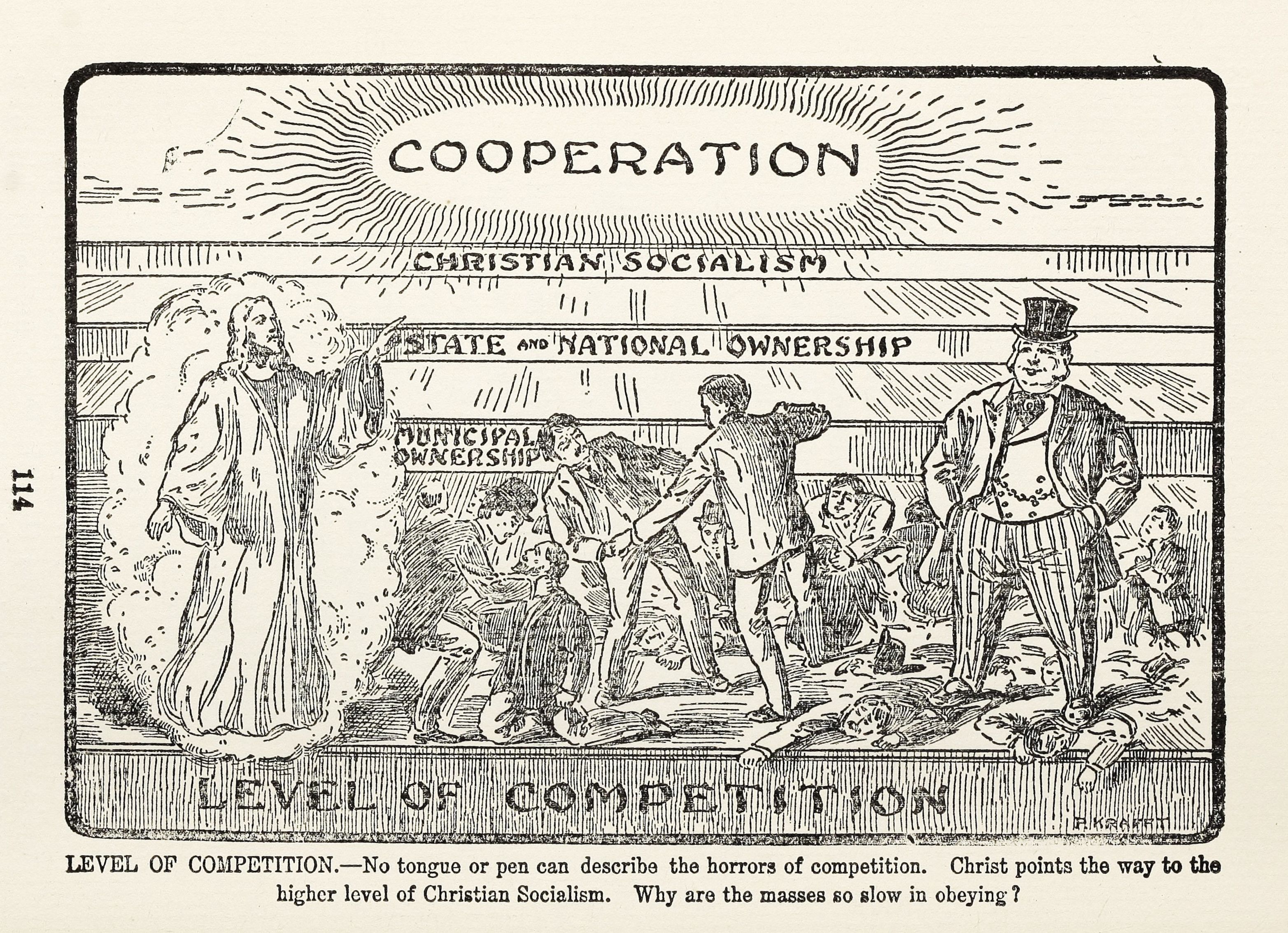 A black and white illustration depicting a chaotic scene of competition at the bottom and an idealized scene of cooperation and Christian Socialism at the top, with Jesus Christ guiding the way.