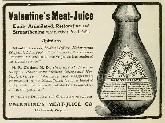 A vintage advertisement for Valentine's Meat-Juice, featuring an illustration of a uniquely shaped brown bottle and testimonials from medical professionals.