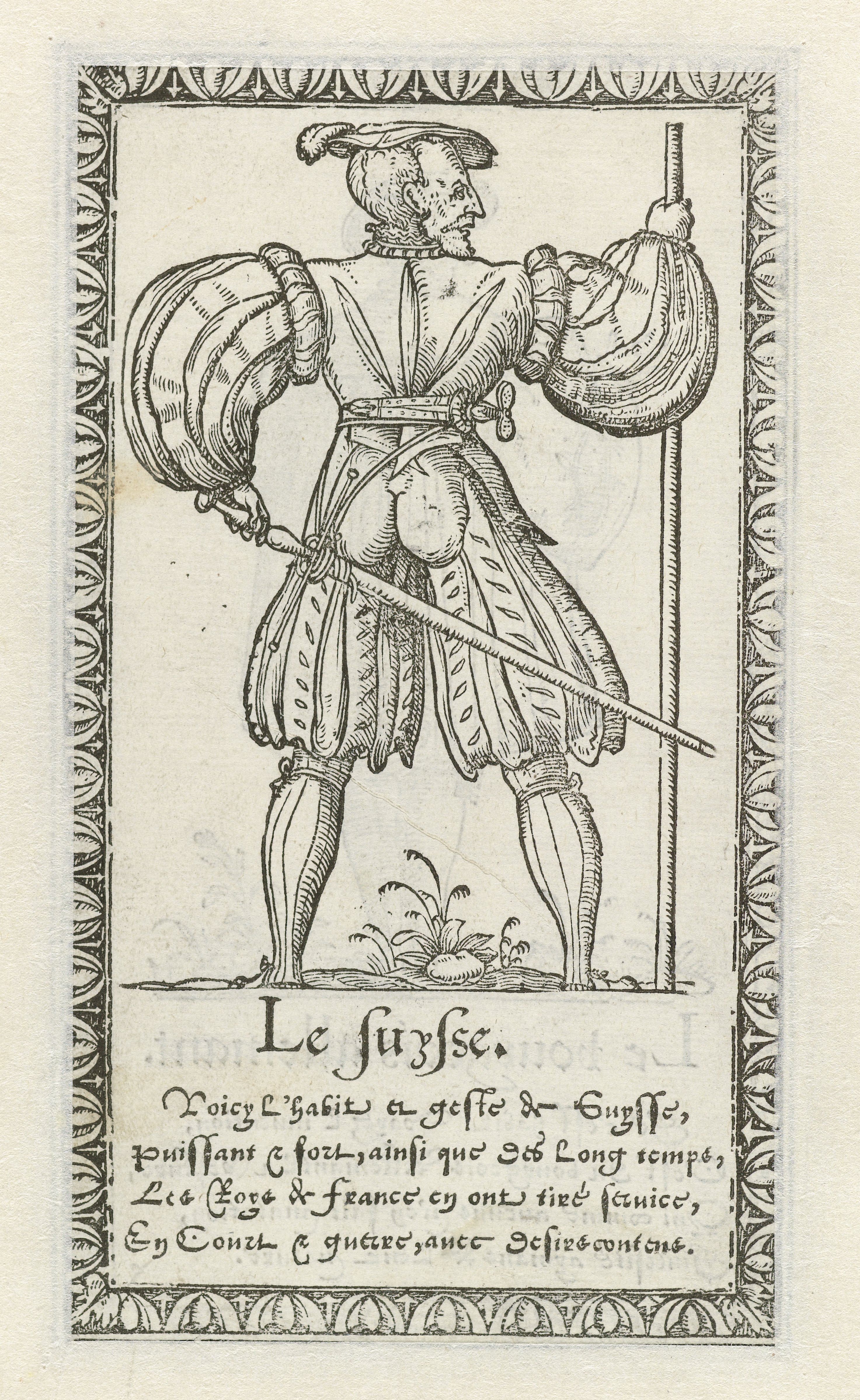 A woodcut illustration of a man in Renaissance clothing swinging a sword, with a fence and grass below, and text in French beneath.