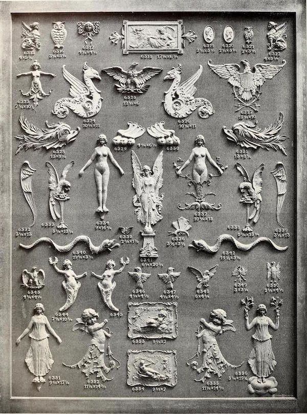 A black and white photograph of a highly detailed relief sculpture with various figures and designs, each labeled with a number.