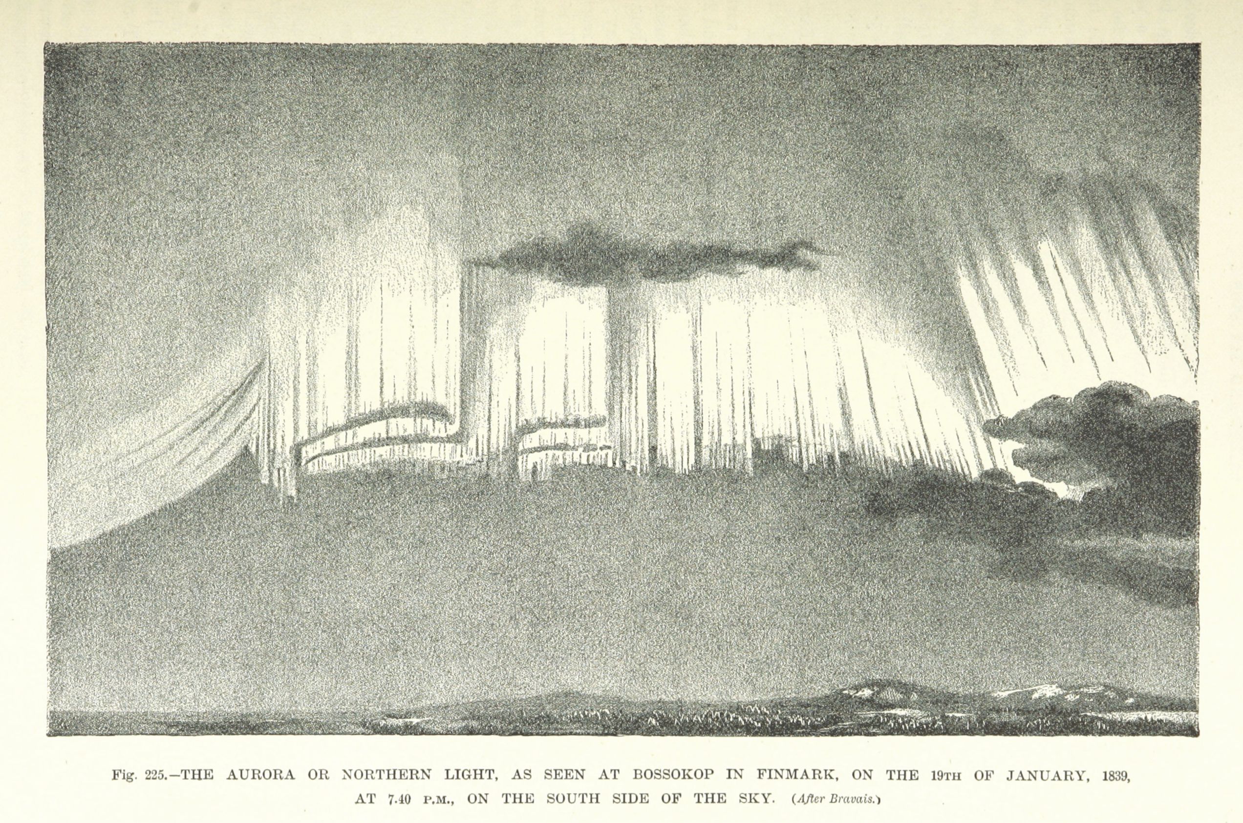 A vintage black and white illustration of the aurora borealis over a silhouetted landscape.