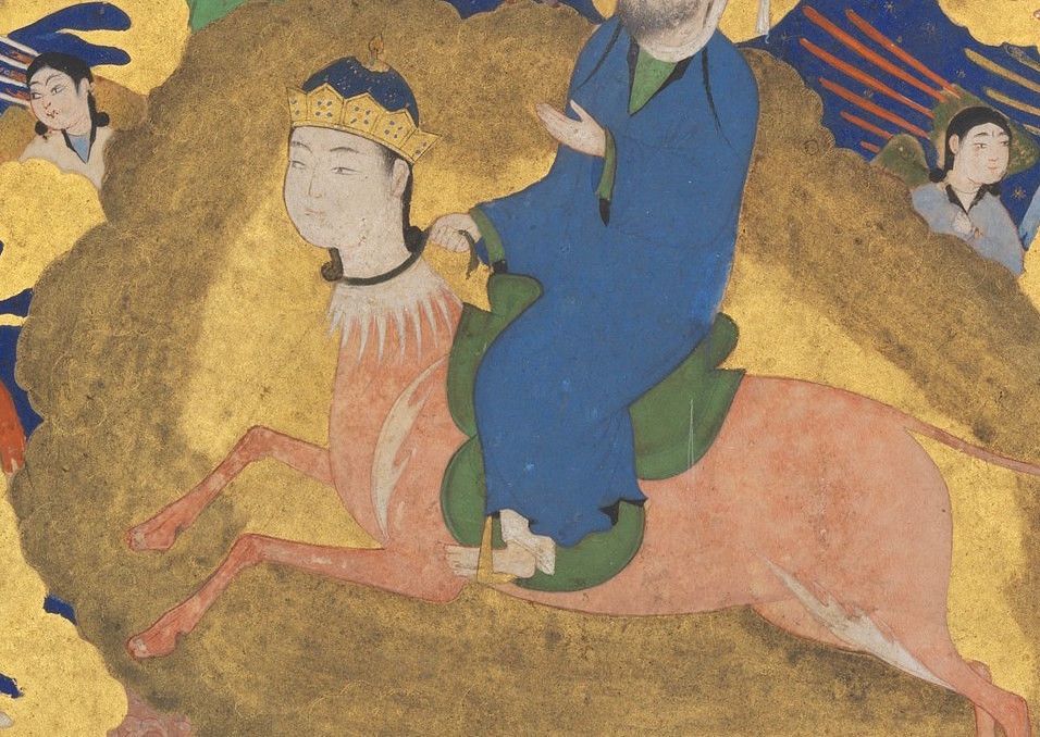 A historical illustration of a person riding a horse with a human face, set against a gold background.