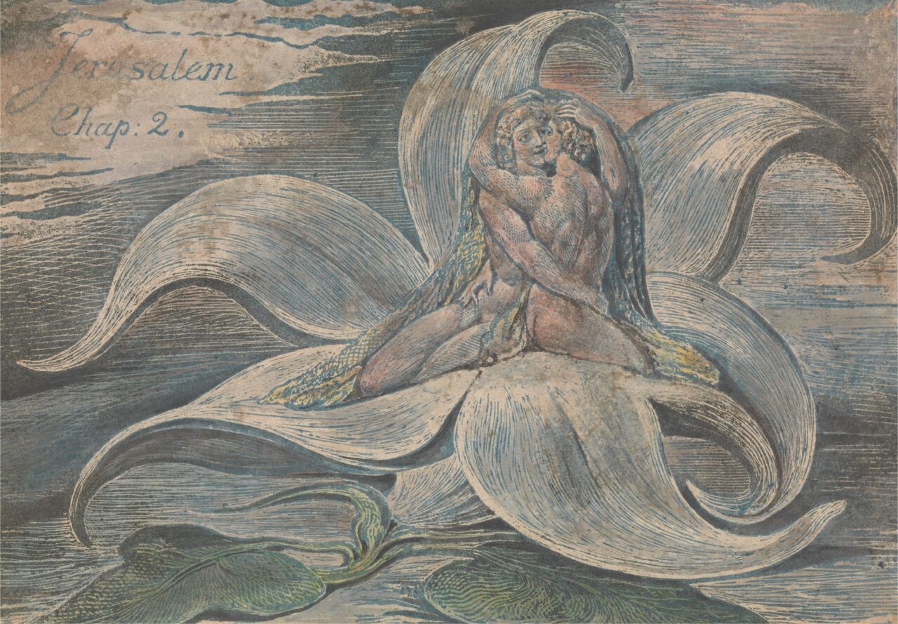 An etching with watercolor depicting a nude human figure emerging from the heart of a large, stylized flower, with swirling lines and patterns in the background. The text 'Jerusalem Chap. 2.' is visible at the top left corner.