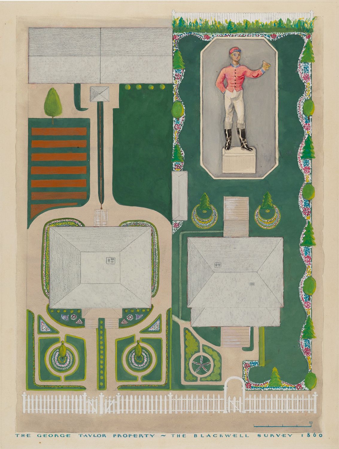 Top-down view of a property survey from 1860, featuring a garden with a lawn, flower beds, a statue of a man, and a fence.