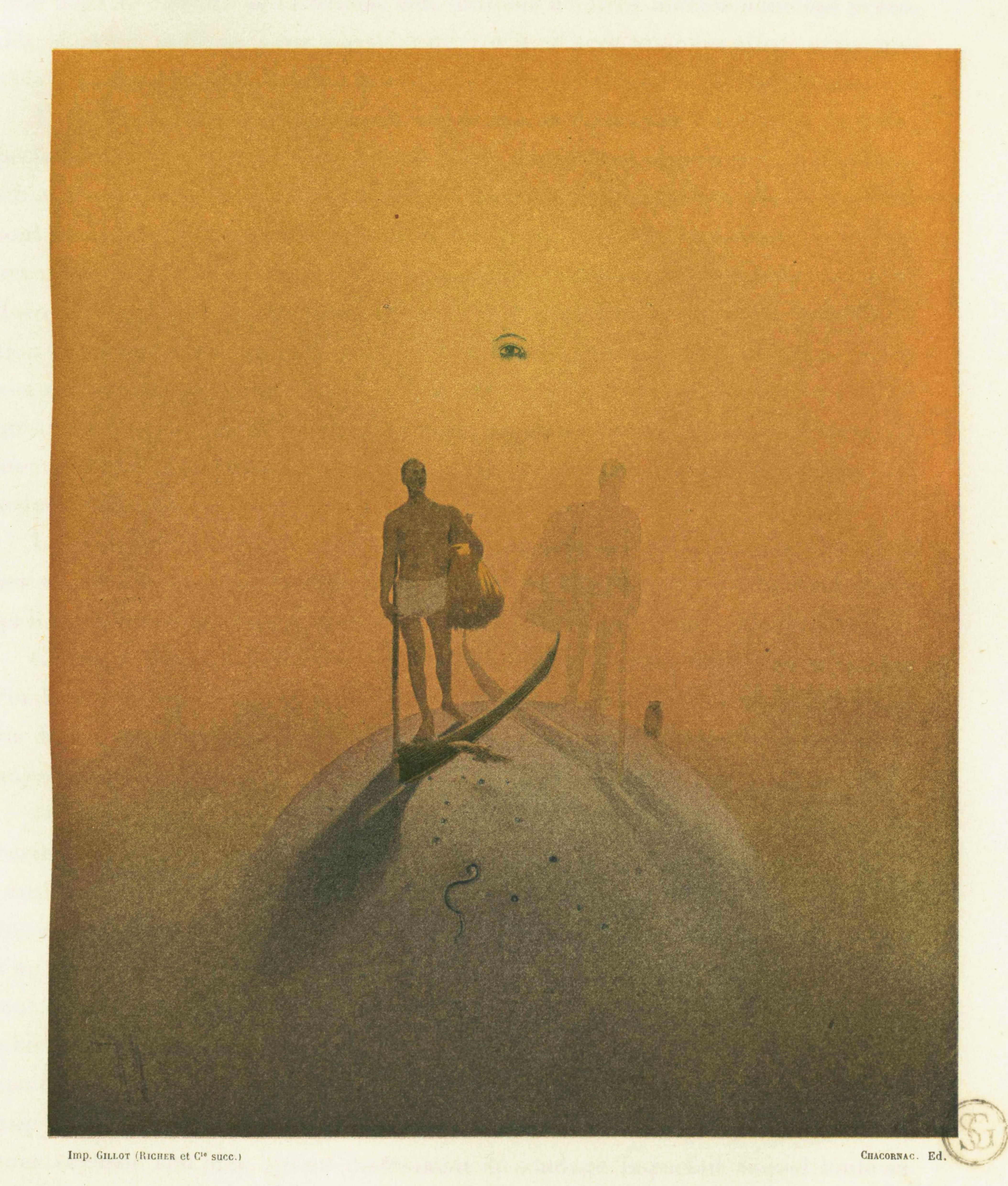 Vintage illustration of a figure on a hill with an eye in the sky and a snake at the base.