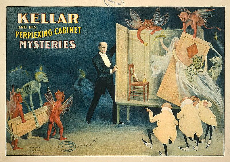 Vintage poster advertising a magic show by Kellar, featuring a cabinet, skeleton, devils, and audience members.