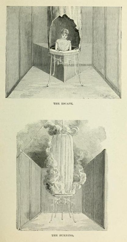 Vintage illustration of a magic trick involving a person inside a box, first escaping and then appearing to burn.
