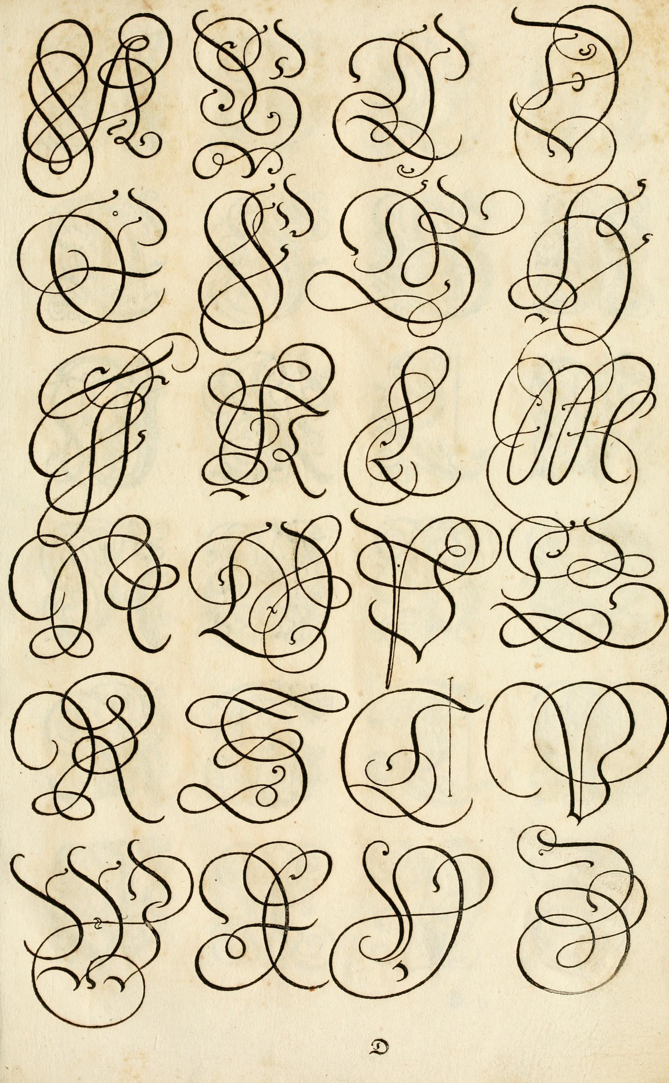 A vintage page filled with ornate, calligraphic letter designs in black ink on a faded cream background.