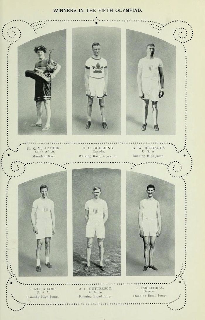 A vintage black and white image featuring portraits of six athletes who were winners in the Fifth Olympiad. Each portrait is framed and labeled with the athlete's name, country, and event.