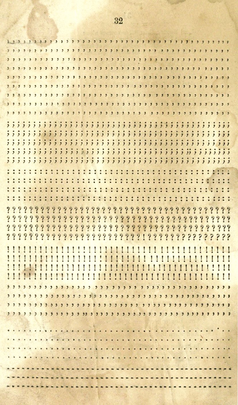 A vintage page filled with a dense pattern of semicolons, colons, and question marks.