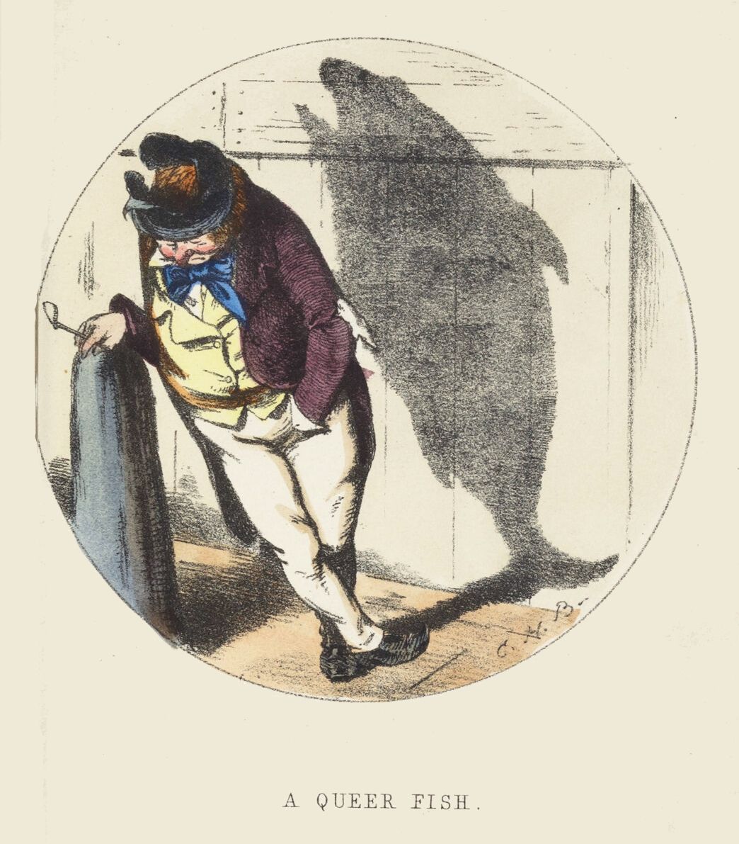 A vintage illustration titled 'A Queer Fish' depicts a man in 19th-century attire casting a shadow in the shape of a shark.