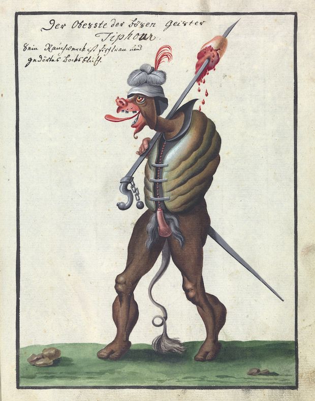 Vintage illustration of a fantastical creature with a severed head on a spear.