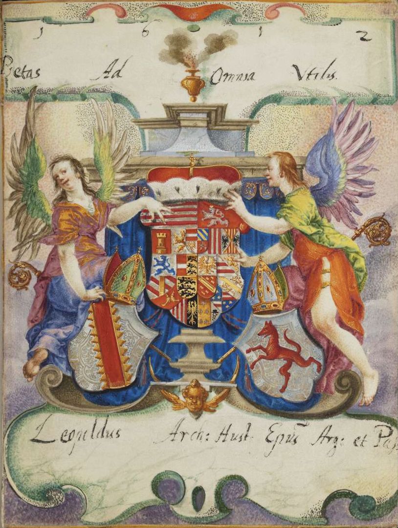 A detailed painting of a coat of arms held by two angels, with ornate borders and historical script.