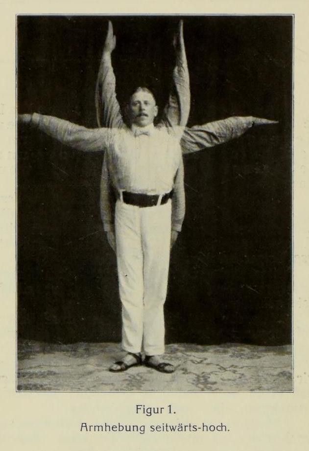 Vintage black and white photograph of a man performing a side arm raise exercise.