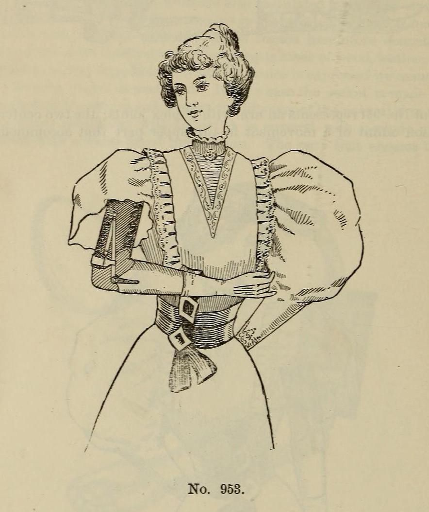 Vintage illustration of a woman in a historical dress with puffed sleeves and a high neck.
