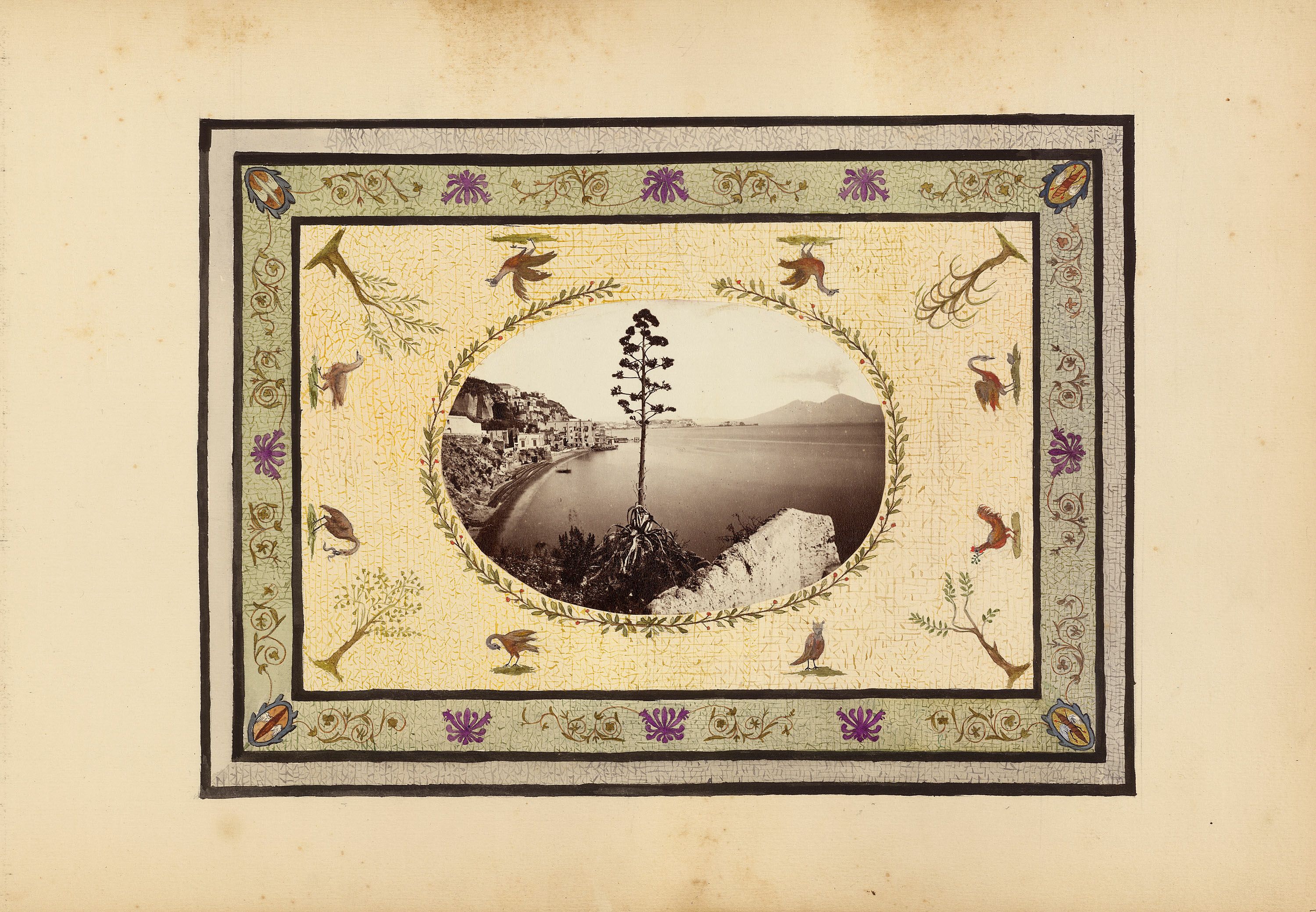 Vintage photograph of a coastal landscape with a decorative border.