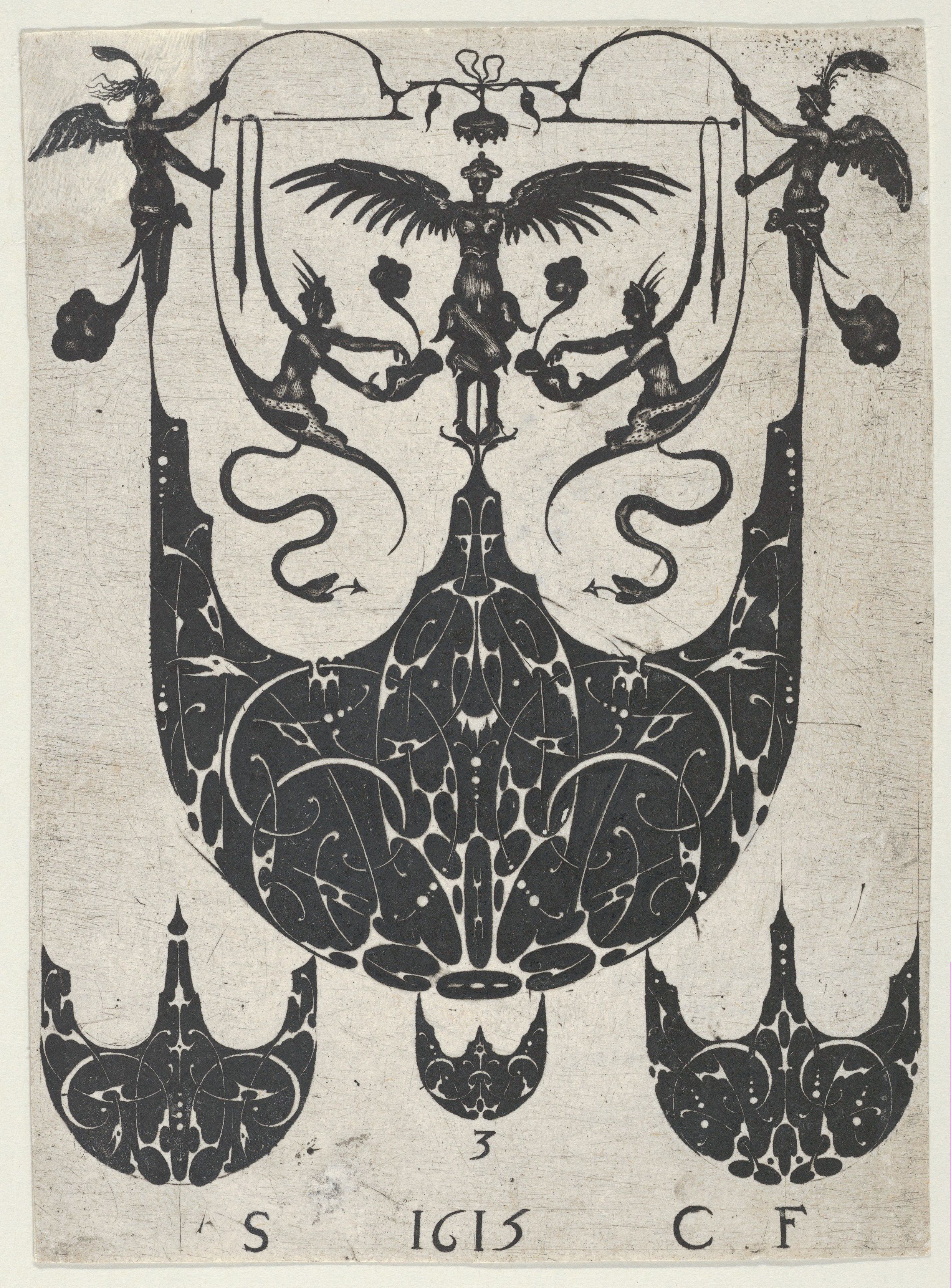 A black and white engraving of a highly ornate monogram with floral motifs, scrollwork, and figures, inscribed with the letters 'S', '1615', and 'C.F.'