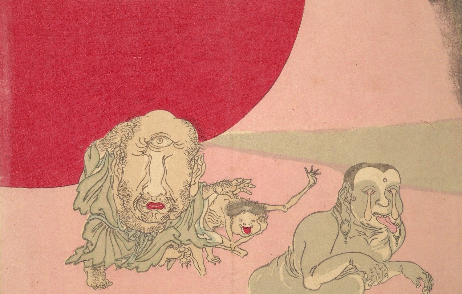 A vintage-style illustration with three distorted human figures in a pale green hue against a faded pink background and a large red circle.