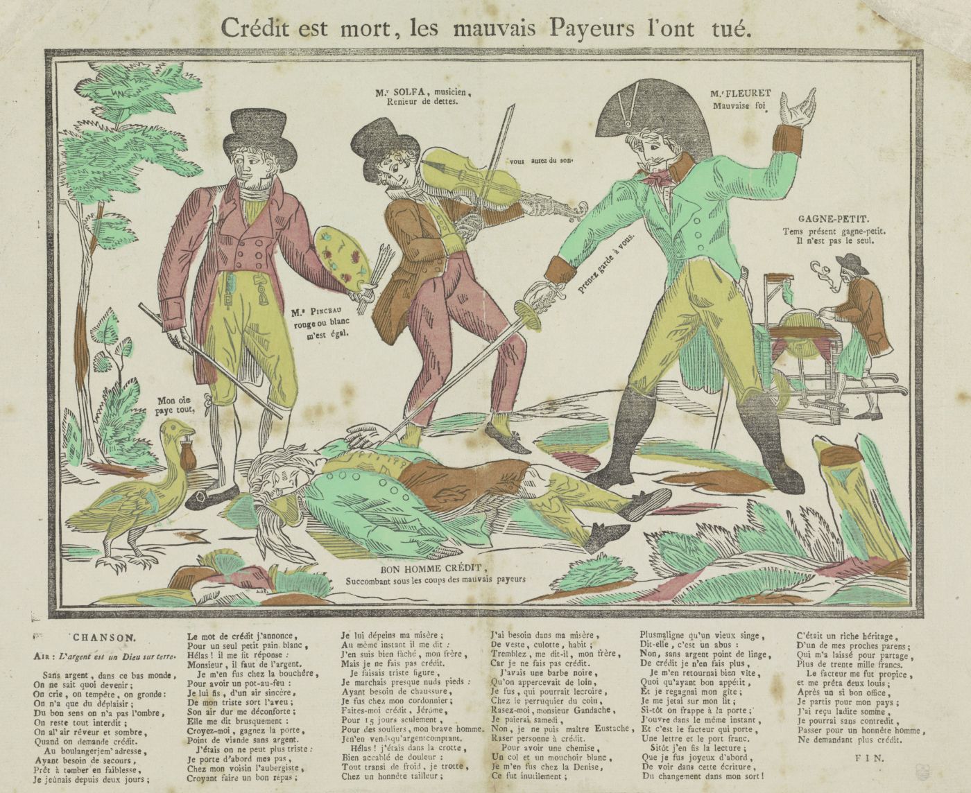 Vintage cartoon illustration depicting debtors being punished, with text in French.